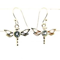 Dragonfly Pendant Style Earrings in 925 Silver Set with Round Faceted Gemstones Stones in Blue Topaz