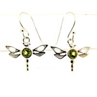 Dragonfly Pendant Style Earrings in 925 Silver Set with Round Faceted Gemstones Stones in Peridot