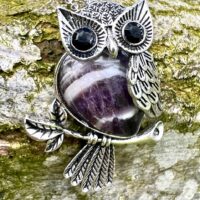 Owl Pendant Set with A Gemstone Body Of Amethyst Inset with Faceted Eyes