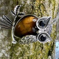 Owl Pendant Set with A Gemstone Body Of Tigers Eye Inset with Faceted Eyes