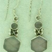 Rose Quartz 925 Silver Earrings with Hexagonal Shape Cab and A Smaller Round Cab Set in An Ornate