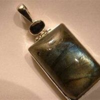 Labradorite with Facet Green Tourmaline Indian Silver Pendant 4-4.5cm Inc Bail Rectangle